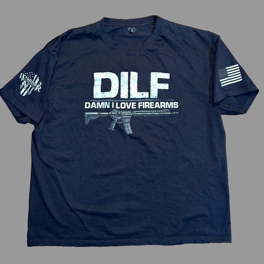 DILF Damn I Love Firearms Graphic T-Shirt Size 2XL Black American Flag Sleeve